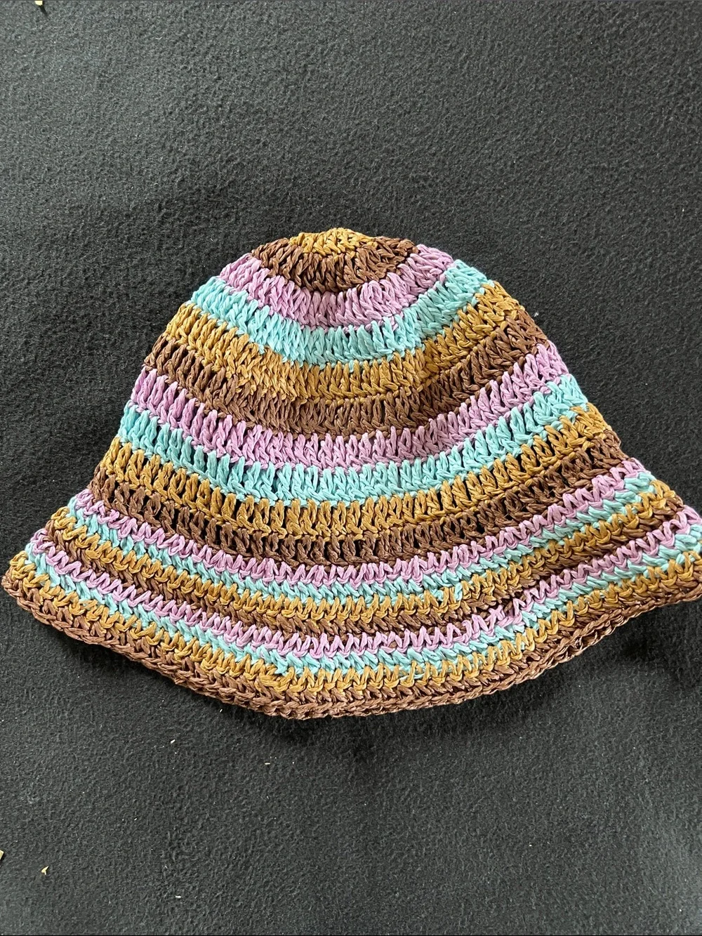 Handcrafted Striped Crochet Sun Hat in Brown, Aqua & Lavender - Folds Flat